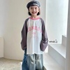 波拉韩国童装2024春男女童长袖宽松款插肩拼色荧光粉字母T恤
