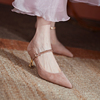 单鞋女2023婚鞋法式细跟复古玛丽珍鞋，尖头粉色一字扣带高跟鞋