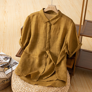 享永子短袖苎麻衬衫，女文艺复古棉麻小衫宽松气质百搭2023夏季