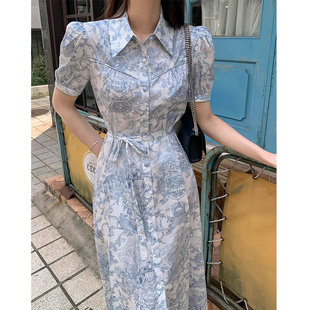韩国chic春夏法式优雅翻领系带，收腰显瘦水墨印花短袖连衣裙配腰带