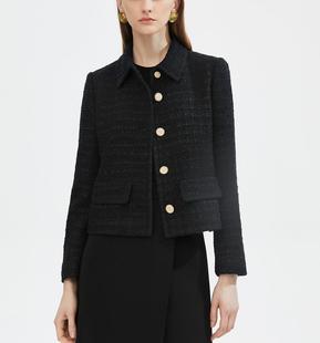 朗姿法式黑色小香风复古修身显瘦气质长袖，短外套女2022年秋季
