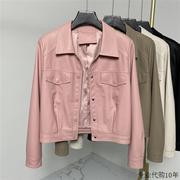 韩国粉红色翻领皮衣外套，女春秋宽松设计感洋气短款工装皮夹克