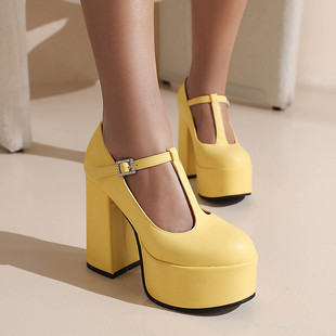 欧美白色黄色丁字鞋圆头，粗跟超高跟单鞋，女防水台大码小码女鞋chd