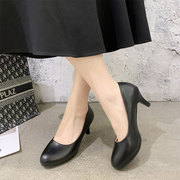 小众法式高跟鞋细跟5厘米7黑色圆头浅口舒适学生礼仪防水台女鞋子