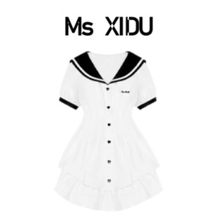 Ms XIDU 甜美纯欲水手领海军学院风纯白露腰蝴蝶结连衣裙2023