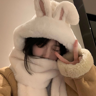 白色兔子耳朵帽子围巾一体，女冬季韩版可爱加厚保暖围脖手套三件套