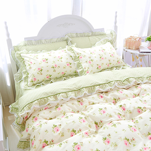全棉韩式绿色森系四件套纯棉田园，风小碎花被套，床单公主风床上床品