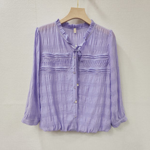 MJ23A18大牌衬衫浅紫纯色淑女宽松遮小肚腩长袖T恤小衫舒适上衣