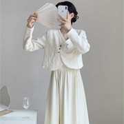 新中式国风白色长袖衬衫吊带连衣裙女秋冬改良旗袍伴娘服长裙套装