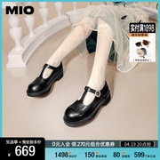 MIO米奥小皮鞋简约风圆头中跟单鞋丁字扣带牛皮革浅口玛丽珍鞋