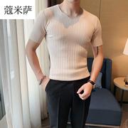 春夏男士英伦型男韩版修身V领休闲衬衫T恤纯色短袖针织时尚打底衫