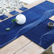 倚山人手织布手工粗布蓝染刺子，绣茶席茶巾，杯垫桌布桌旗茶布垫子