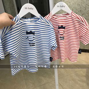 kkbaby韩国童装原单19夏男童女童宝宝纯棉红蓝细条纹宽松T恤