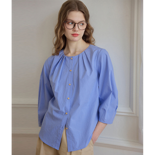 simpleretro法式蓝色纯色衬衫女压褶，圆领7分袖收腰，绑带天丝棉衬衣