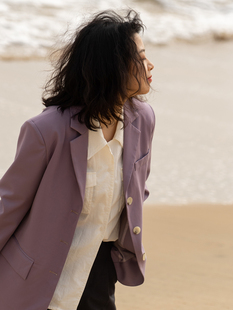 qingdan复古显白浅紫色西装外套，女2023秋气质通勒小个子上衣