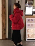 红色羽绒服女短款冬季2023小个子韩版宽松面包派克服棉衣外套
