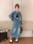 女童装时髦洋气套装春秋款2023韩版小女孩秋装牛仔外套裙子潮