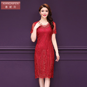 香妮芬2024夏季蕾丝刺绣中年喜庆红色婚宴气质连衣裙妈妈装