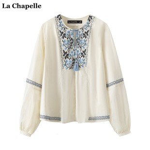 拉夏贝尔/La Chapelle民族风刺绣圆领衬衫女春季流苏系带气质小衫