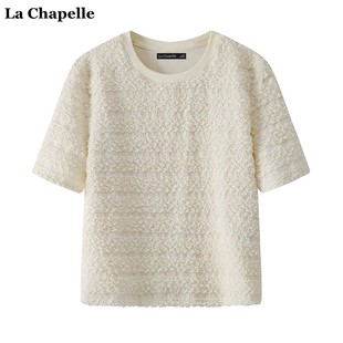 拉夏贝尔/La Chapelle米白色条纹肌理感短袖T恤夏季女设计感上衣