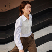 xg雪歌创意拼接长袖毛针织衫，女2023春季通勤简约白色开衫外套