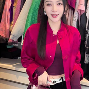 新中式国风玫红色外套女2024春高级感小个子短款唐装盘扣上衣