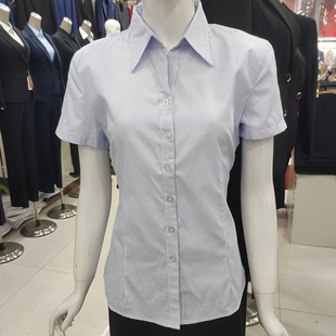 夏季白衬衫女士短袖竖纹v领条纹，棉职业装正装，商务ol浅蓝长袖衬衣