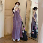 法式气质紫色扎染吊带连衣裙，女2024夏装温柔淑女高腰显瘦褶皱长裙