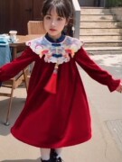 女童加绒连衣裙冬装2023洋气儿童红色丝绒裙女孩中国风拜年服
