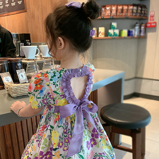 女童夏季短袖连衣裙，2024年洋气儿童爱心镂空碎花，棉布裙小女孩裙子