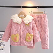 冬季儿童睡衣牛奶绒三层，加厚夹棉套装，女童中小宝宝时尚保暖家居服