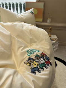 ins卡通三只熊刺绣(熊刺绣，)米绿色四件套全棉，1.5m1.8米公寓被套三件套床单