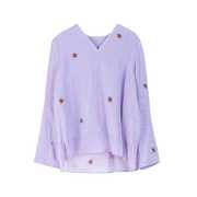 苎麻紫色上衣高端绣花长袖女v领套头衬衫设计感小众复古衬衣