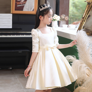 女童高端公主裙缎面儿童，钢琴演奏花童生日演出婚礼小女孩礼服夏季