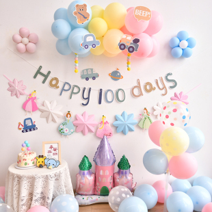 婴儿宝宝百日宴，满月气球装饰男女孩，100天拍照场景布置背景墙
