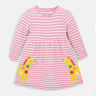女宝宝粉红条纹长袖连衣裙，女童纯棉长颈鹿t恤裙子，婴儿秋装公主裙7