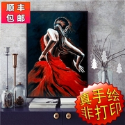 纯手绘油画抽象人物美女芭蕾舞蹈红裙简约现代北欧女人玄关走廊道