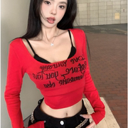 纯欲辣妹红色方领长袖t恤女秋季性感修身短款字母印花上衣打底衫