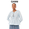 ganni设计师品牌石楠，色条纹圆领荷叶，边下摆衬衫女装