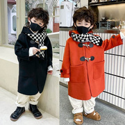 男童秋冬季加厚外套毛呢子(毛，呢子)大衣韩版中长款牛角，扣童装红色冬装2022