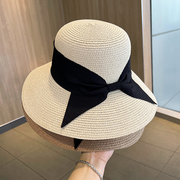 大帽檐沙滩草帽女夏季遮脸太阳帽蝴蝶结海边遮阳帽可折叠防晒帽子