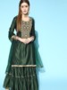 印度进口女装旁遮比3件套丝绵刺绣，中长款圆领蛋糕裤套装墨绿色