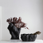 北欧简约黑色镂空多孔陶瓷花瓶现代样板房民宿客厅书房花盆摆件