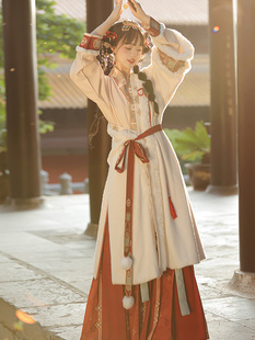 茵卡蕾原创宋制拜年汉服女秋冬季中国风加绒对襟长袄百褶裙日常款