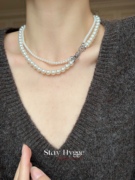 hygge可拆分多种戴法经典八字，扣双层白珍珠(白珍珠，)秋冬毛衣链轻奢项链