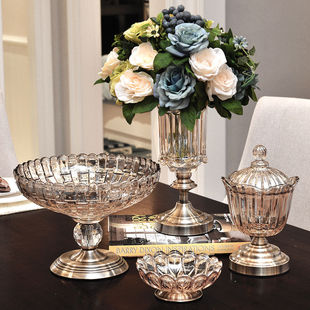 奢华欧式现代玻璃果盘客厅，创意茶几水晶玻璃，水果盘花瓶套装摆设