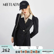 MEETLADY黑色轻奢西装连衣裙女2024春秋装法式收腰长袖百褶短裙