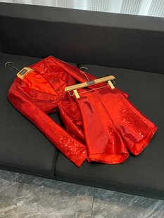 新年大红色亮片中长款西装上衣短裤跨境时尚套裤两件套B9813