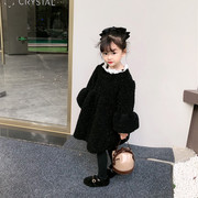 小香风时尚女儿童冬装加绒娃娃领黑色闪闪保暖公主连衣裙裙子洋装