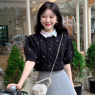 韩国chic春季法式复古圆领珍珠点缀麻花纹设计宽松百搭针织毛衣女